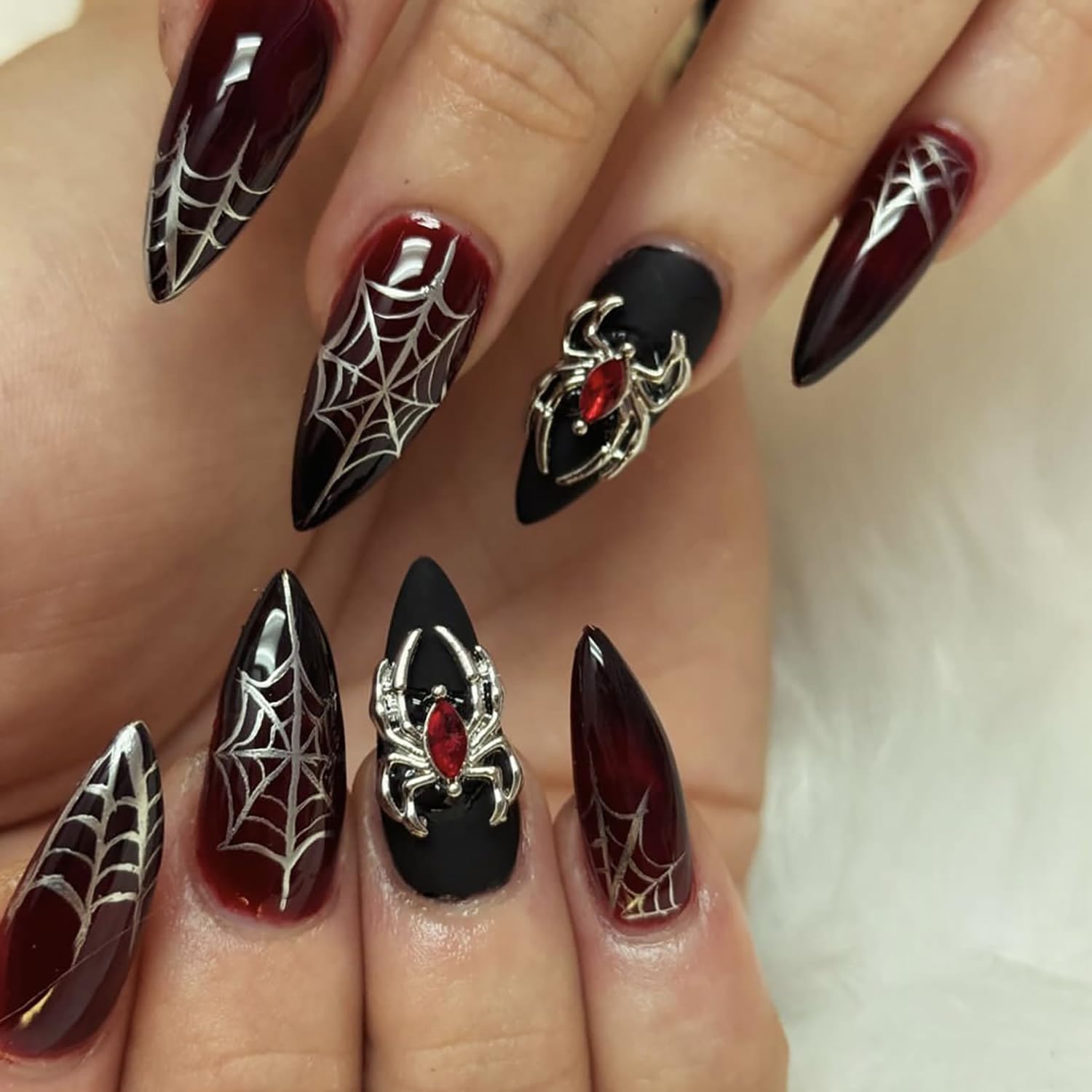 24 Pcs Reusable Almond Press on Nails Halloween Fake Nails Medium False Nails with Spider Web & 3D Spider Design Stiletto Nails Goth Nails Press ons Full Cover Stick on Nails for Women Handmade Nails