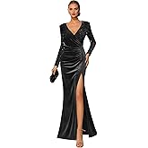 YUAOHUANG Velvet Sequin Formal Dress Long Sleeve Mermaid Prom Dresses for Women Long Velvet Gown with Slit