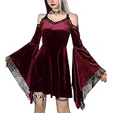 TSMNZMU Gothic Velvet Halter Dress Long Flare Sleeve High Waist Fairy Lolita Dresses Punk Grunge Vintage Vampire Clothes
