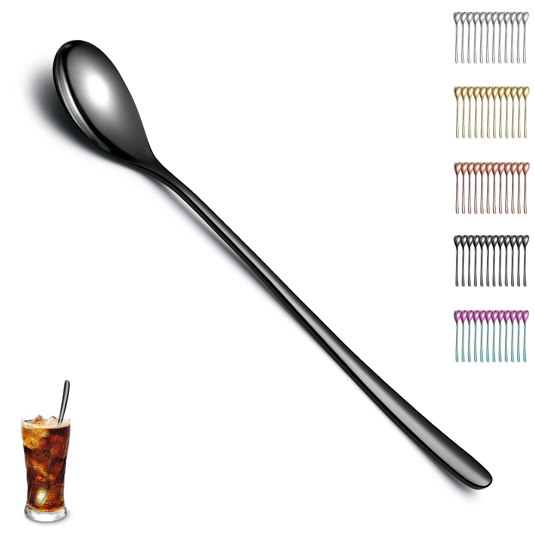 Evanda Iced Tea Spoons 12 Piece, Teaspoons, Stirring Bar Spoon, Coffee Spoon, Ice Cream Spoon, Cocktail Spoon, Tea Spoons (Black)