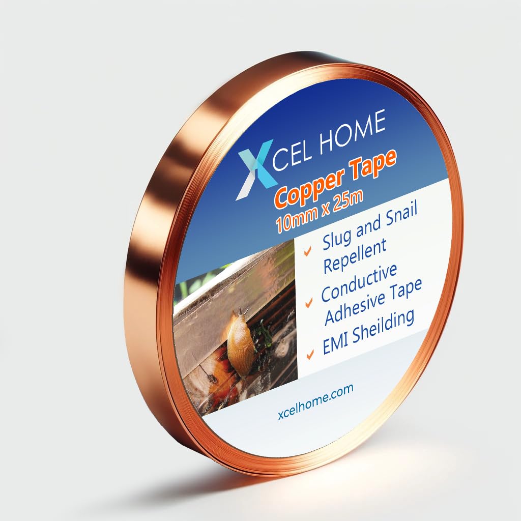 Copper Tape Slug Repellent UK, Copper Foil Snail Tape for Gardens, Plants Protection - Conductive Electrical Tape for Circuits, Repairs, EMI Shielding - DIY Arts and Crafts Stained Glass (10mm x 25m)