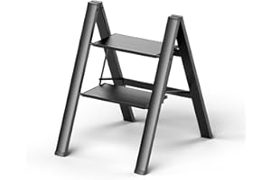 PLEDDANIO 2 Step Ladder, Aluminum Step Stool Foldable, Lightweight Step Stools for Adults, Sturdy& Portable Ladders for Home Kitchen Library Office, Black