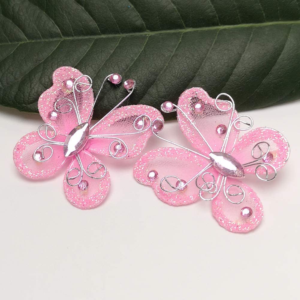 Sheer Mesh Wire Glitter Butterfly, Pack of 24 Wire Glitter Butterflies Transparent Mesh Delicate Gemstone Butterflies Wedding Party Costume Decoration, Wedding Party Table Scatter Craft (Pink)