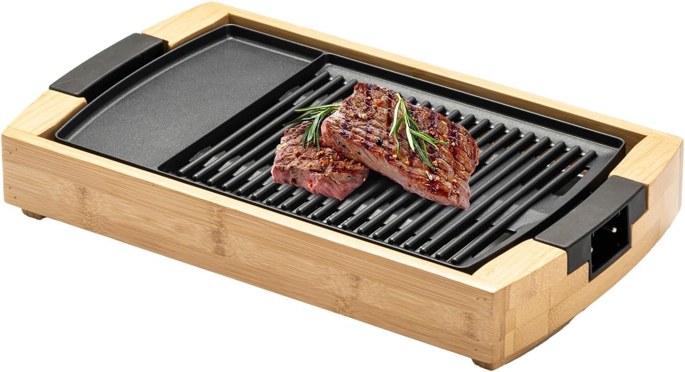 SOLEMOOD ホットプレート 焼肉プレート 1200W 高火力 減煙 油減らし 加熱迅速 無階段調節 「美味しく焼ける秘訣」コンパクトプレート 一人暮らし 二人暮らし グリル鍋 魚焼き 焼き鳥 洗いやすい 油受け皿付き 竹製 木目調 高級 おしゃれ ギフト (茶色)