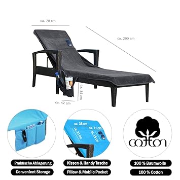 Frottee Schonbezug für Gartenliege Strand Liege 70 x 200 cm MIT Taschen Anthrazit