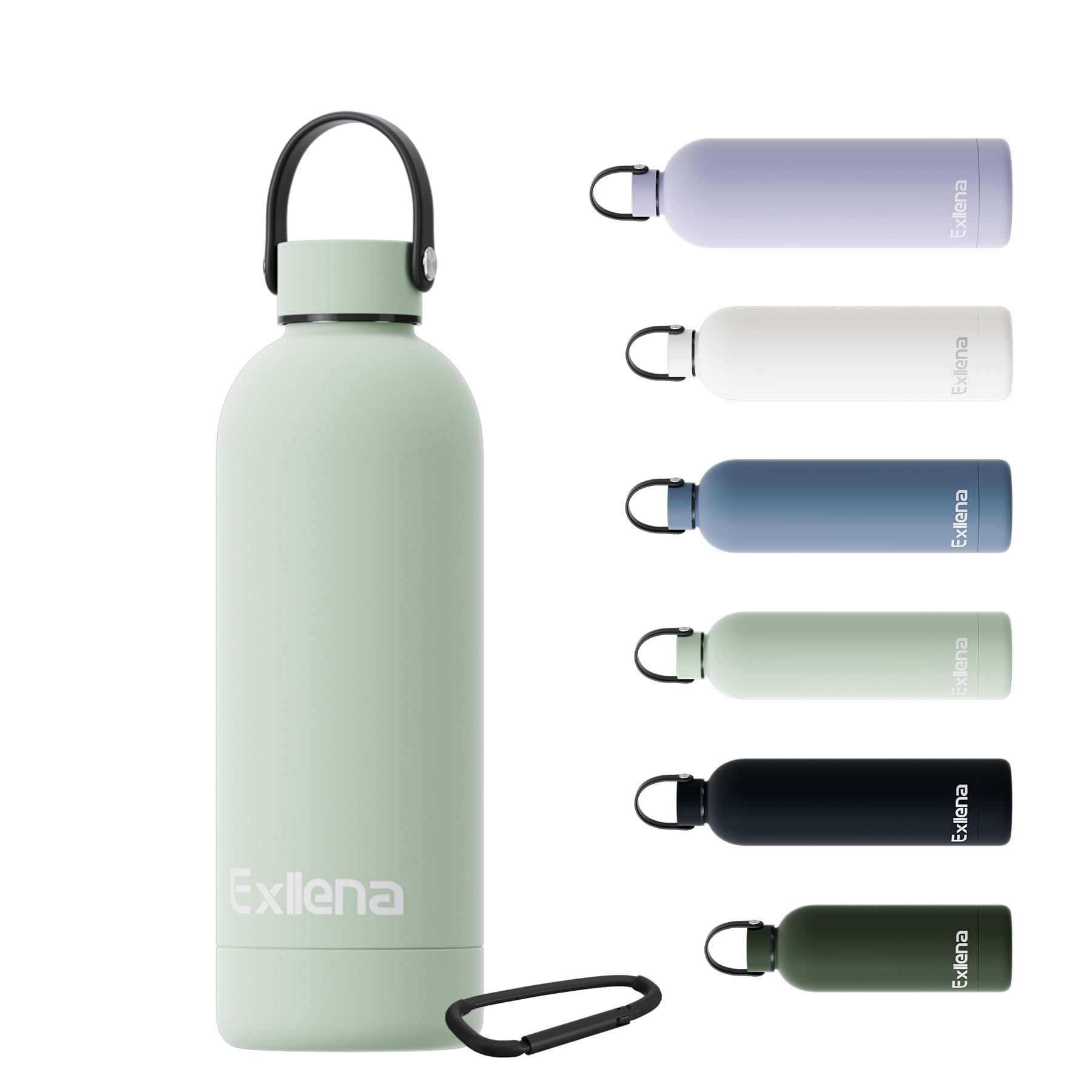Exllena 500ml Water Bottles Metal with Handle Lid and Carabiner, Double Wall Vacuum Drinks Bottle Keeps Drinks Cold 24 Hrs/Hot 12 Hrs, Stainless Steel Water Bottle BPA Free(Lichen Green)