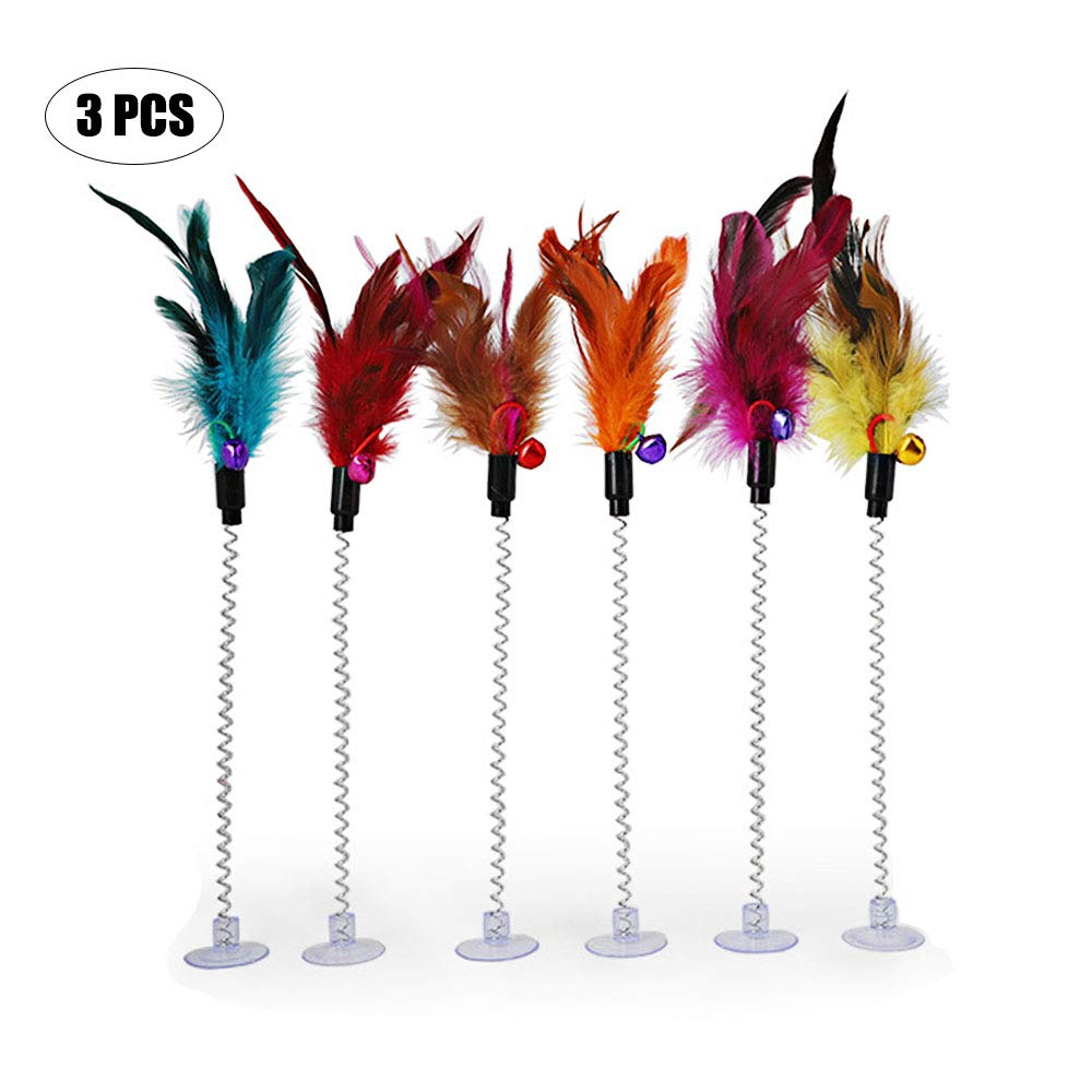 Cat Teaser Wand 3 Packs Metal Wire Spring Cat Toy with Feather and Bell