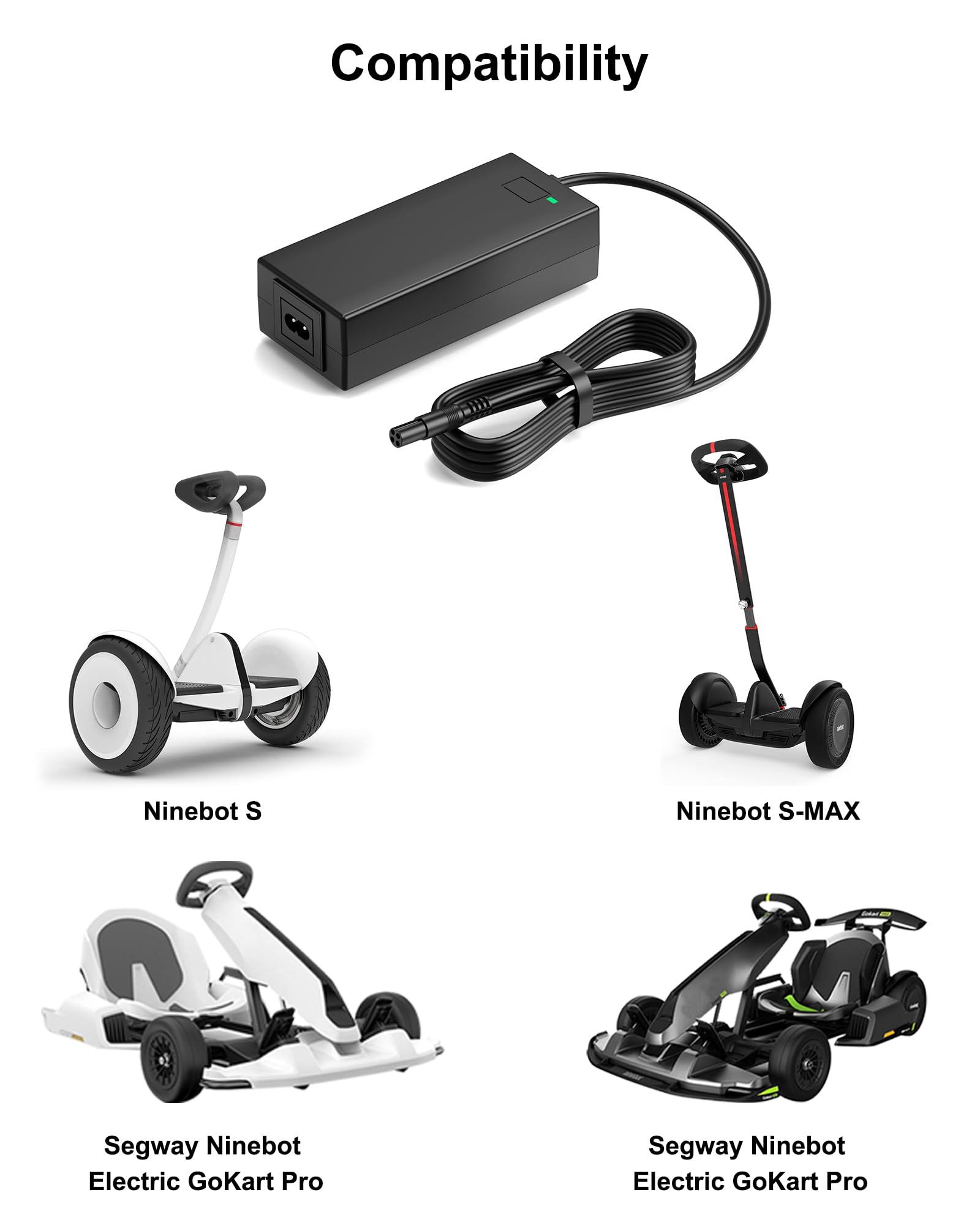 VHBW 63V Replacement for Segway Ninebot Charger Compatible with Segway Ninebot S/S-MAX/Mini lite/Mini PRO/Go Kart Kit, Gokart PRO, 4 Prong fits for Ninebot Scooter Charger