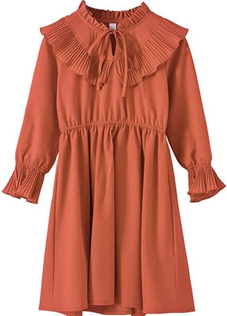 Amazon 快売 ガールズ ワンピース シフォン 可愛い 入園式 ドレス 長袖 無地 膝丈 春 夏秋 丸首 3歳 12歳 レッド ワンピース チュニック 通販