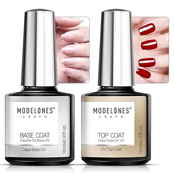 Modelones Soak Off UV LED Gel Nail Polish Fast Dry Base and No Wipe Top Coat Kit Set (10 ml)