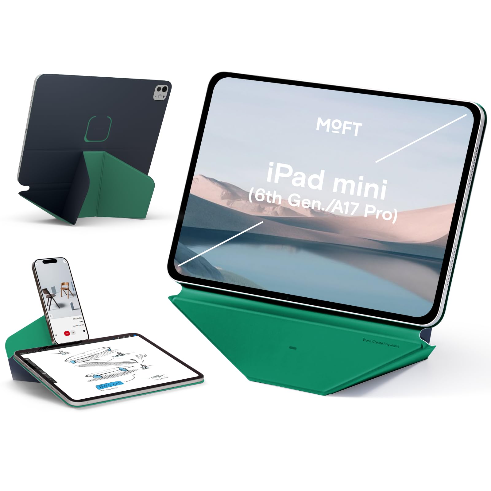 MOFT Dynamic Folio Funda para iPad mini 7 A17 Pro 2024 y iPad mini 6th A15 2021, Funda con Soporte magnético Silm de 8,3 Pulgadas con más de 20 ángulos de visión, Encendido/Reposo automático, Ultrafina, Azul Marino x Verde Oz