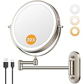 Auxmir 1X/30X Wall Mounted Makeup Mirror, 8" Rechargeable Magnifying Mirror | Double‑Sided Button, 3200mAh, 3 Dimmable Colors, 360&deg; Rotation, Extended Arm, 30X Magnification, Bathroom, Nickel