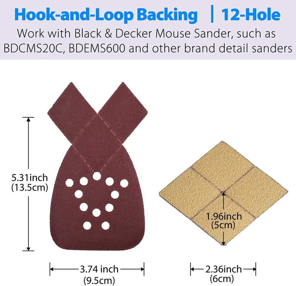 Sanding Sheets for Black and Decker Mouse Sanders, 50PCS 60 80 120 150 220 Grit Sandpaper Assortment with Extra Tips for Replacement, 12 Holes Hook and Loop Detail Sander Sanding Pads Sand Paper - - 
