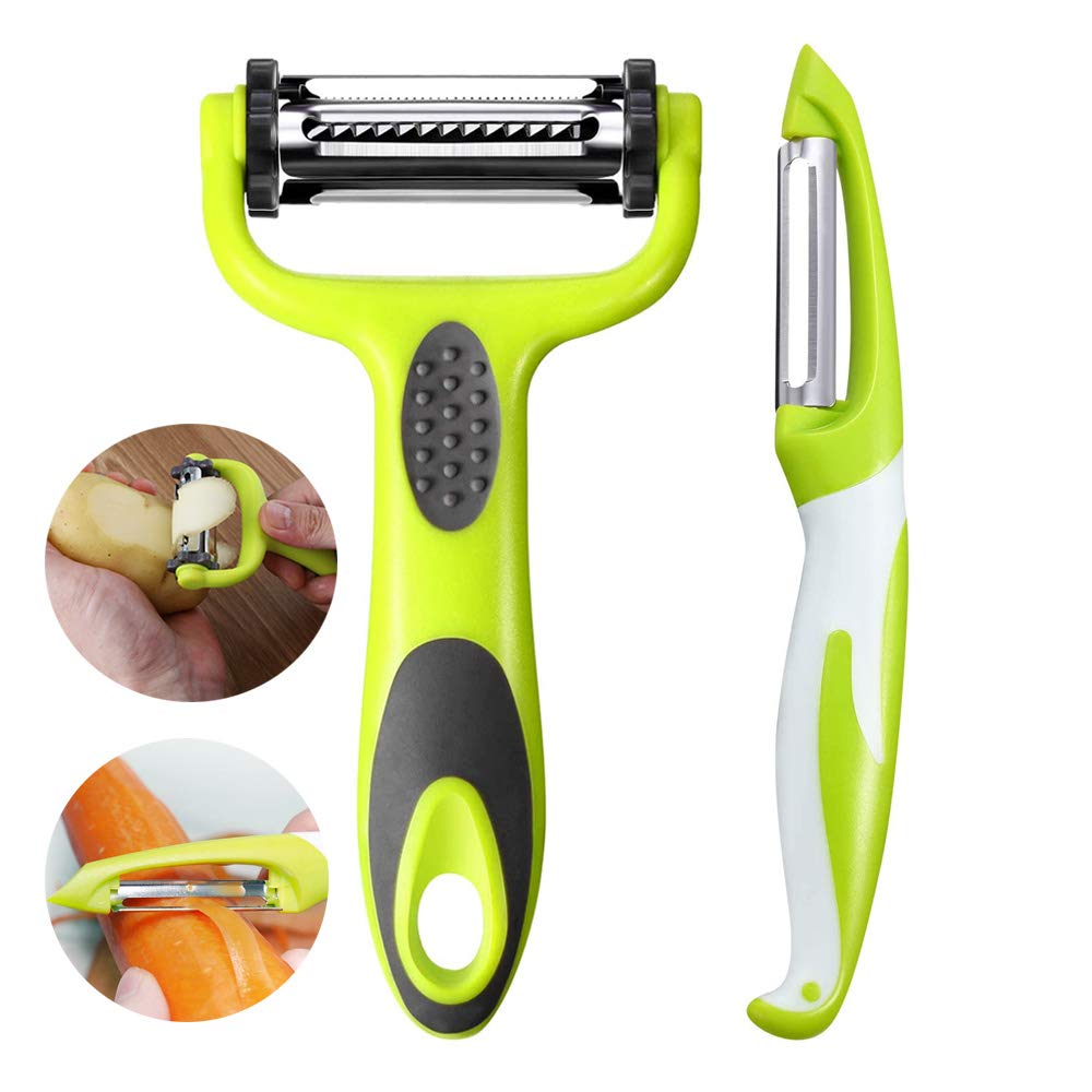 Aiqeer 2 Pcs Multifunction Peelers Set, 3 in 1 Peeler and Straight Peeler, Vegetable Peeler, Fruit Peeler, Swivel Peeler, Carrot Peeler, Potato Peeler (Green)