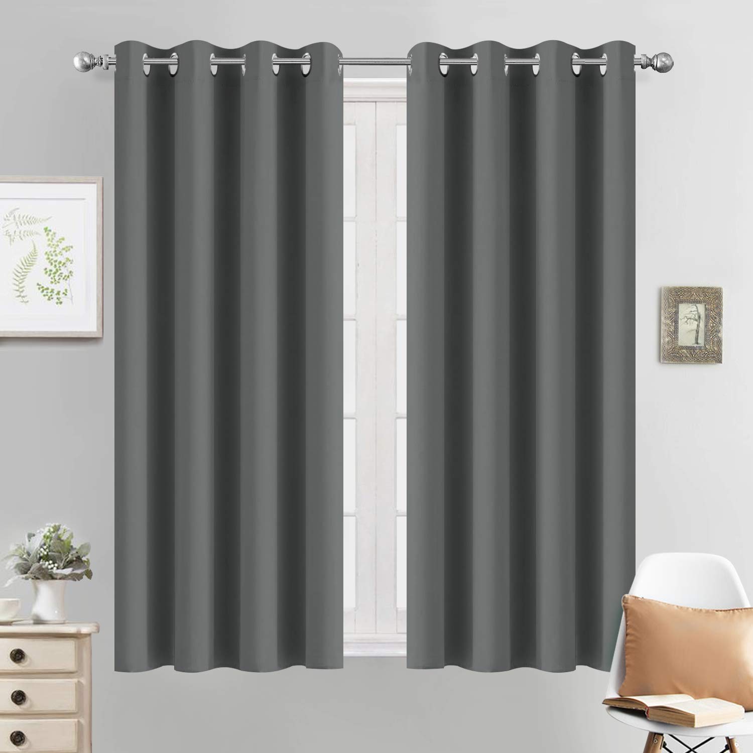 Yakamok Room Darkening Dark Gray Blackout Curtains Thermal Insulated Grommet Curtain Panels for Bedroom, 52W x 54L,Dark Grey, 2 Panels