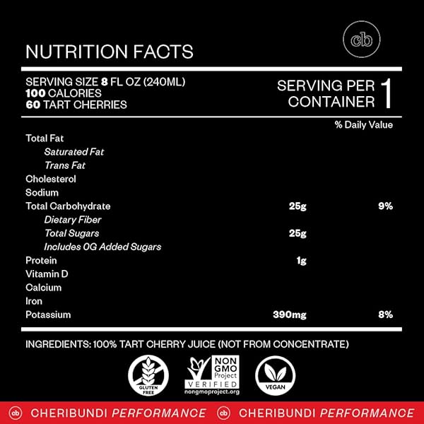 CHERIBUNDI 100% TART CHERRY JUICE PURE | UNSWEETENED TART CHERRY JUICE | ATHLETES RECOVERY DRINK | PROMOTES RESTORATIVE SLEEP, MUSCLE RECOVERY & BOOSTS ATHLETIC PERFORMANCE | 8 FLOZ (24 PACK)