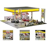1/64 Shell Gas Station Display Case Gas Station DIY Miniature Model for Adults with LED Effects, Support Customizable and Expandable (1 Cars &amp; 1 Figure Included)