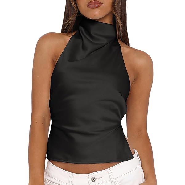 MakeMeChic Women's Summer Satin Silk Backless Halter Tank Tops