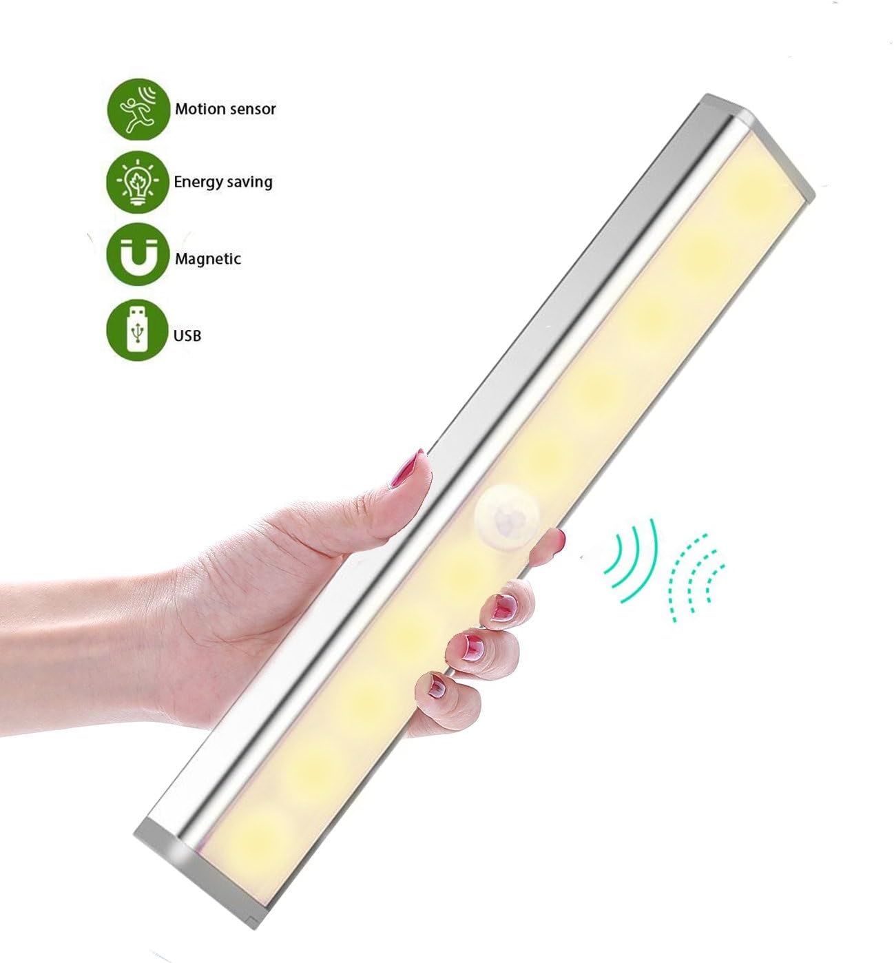 Daping Motion Sensor Light Cabinet 10 LED, Sensor Wardrobe Light USB Rechargeable, Portable Wireless Led Lights Bar, LED Night Light for Closet, Cabinet, Stair, Bedroom, Kitchen [Energy Class A+] [Energy Class A+]