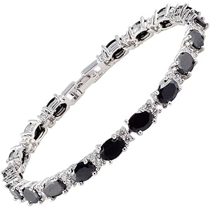 RIZILIA Oval Cut Multi-Color CZ Birthstone 18K White Gold Plated Tennis Bracelet, 7"