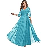 zoteno Lace Appliques Chiffon Mother of The Bride Dresses Ruffles 3/4 Sleeves Long Sequins Formal Evening Gowns ZO048