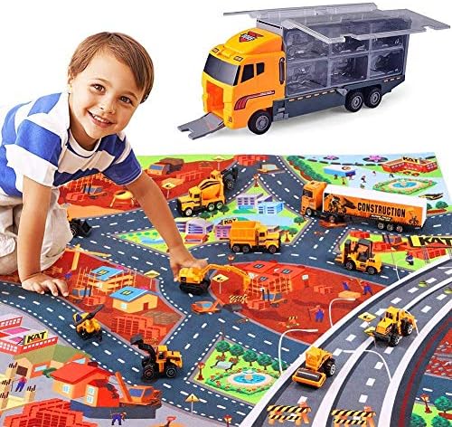 Toyssa 12 Pack Construction Vehicle Play Set Car Carrier Toys Vehicles in Carrier Truck with Blanket Engineering Vehicle Toy Play Diecast Vehicles Toy Cars for Kids Boys Girls