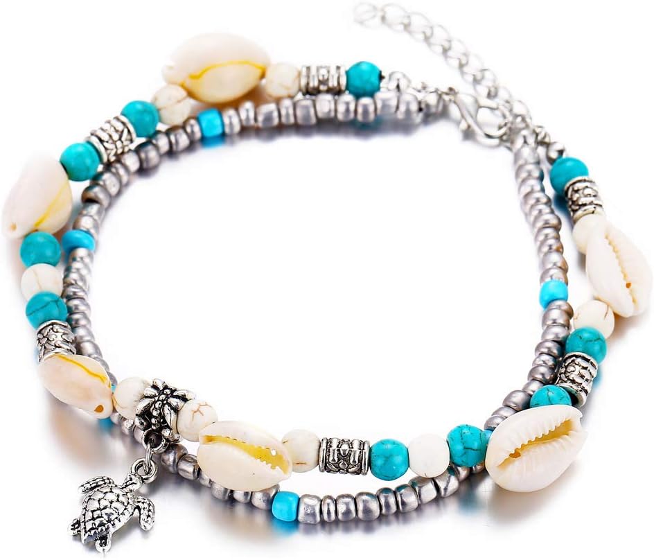 YONGHUI Beach Double Layer Turtle Shell Beads Anklet For Women Girls Bohemian Ankle Chain Bracelet Foot Chains Jewellery