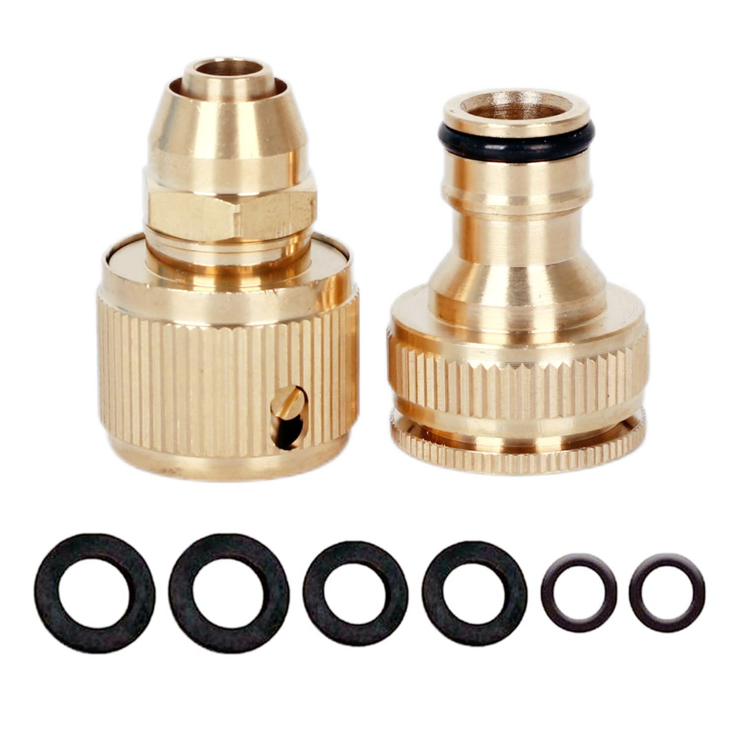 YAAVAAW Brass Garden Tap Hose Connector Outside Tap Connectors Kit,Hose End Quick Connect Fitting 3/8'' Hose Pipe Connector,1/2 & 3/4 Inch 2-in-1 Threaded Tap Connector Adapter Watering,Car Washing