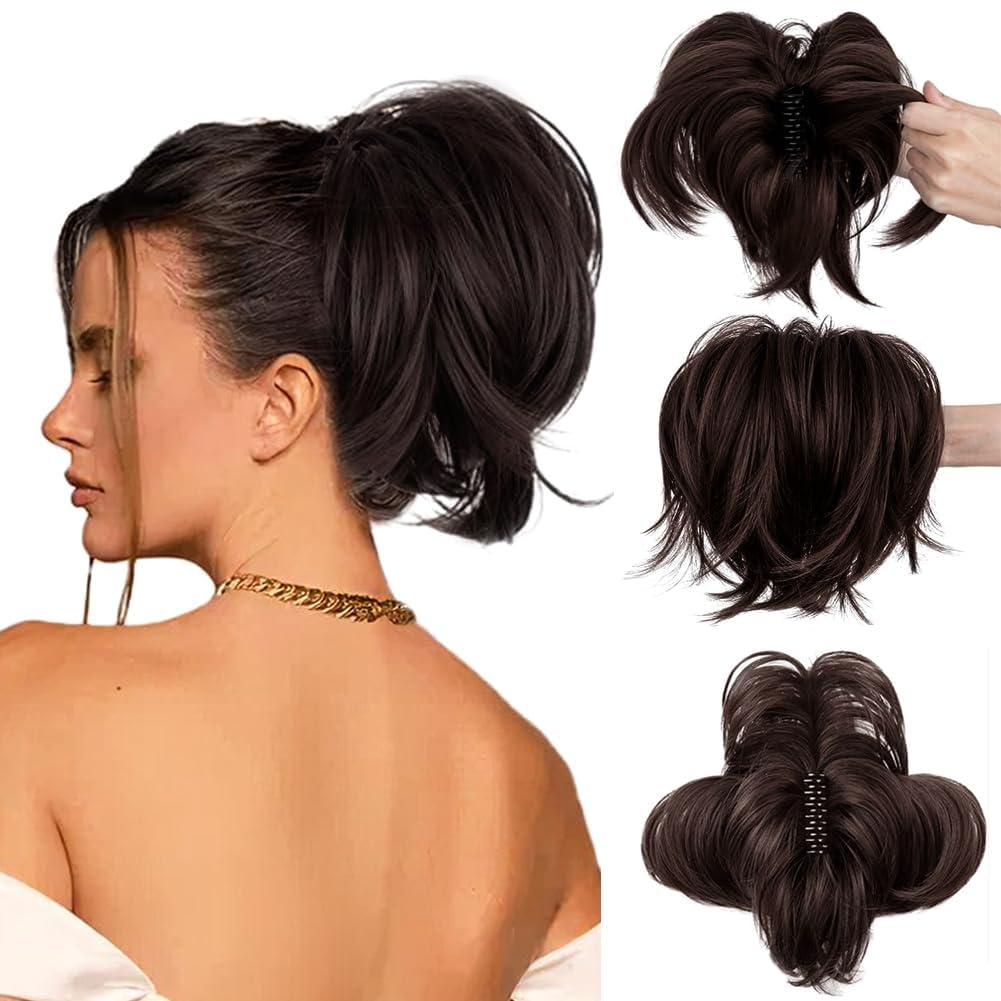 PORSMEER Claw Clip in Short Ponytail Hair Extension with Bendable Metal Wire Hair Pieces for Women Messy Bun Hair Piece, Fake Pony Tail DIY Styles (Dark brown)