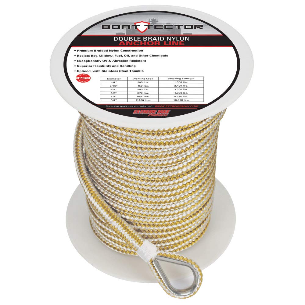 Extreme Max 3006.2246 BoatTector Premium Double Braid Nylon Anchor Line with Thimble - 3/8" x 150', White & Gold Image