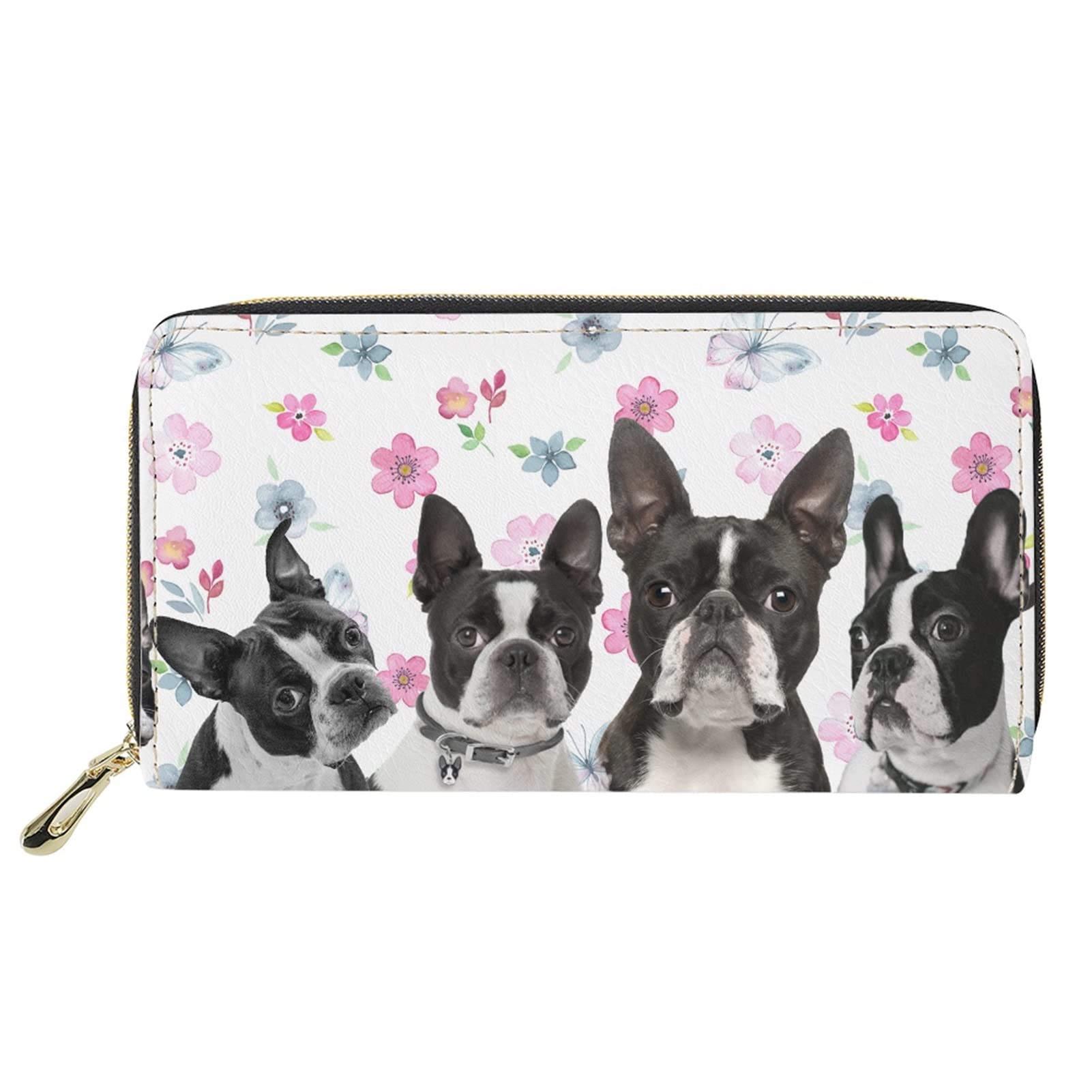 Dolyues Boston Terrier Dog Flower Print Wallet for Women, Large Capacity Pu Leather Long Purse, Portable Purse for Birthday Valentine's Day Party