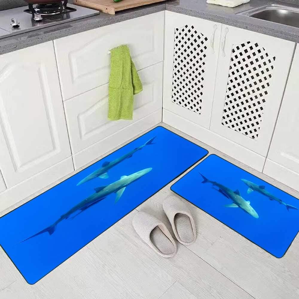 Musesh 2 Pieces Kitchen Rugs and Mats Non Skid Washable Sharks Hawaii Oahu Kitchen Rug Set 17"X48"+17"X24" Kitchen Carpets and Rugs Modern Kitchen Rug