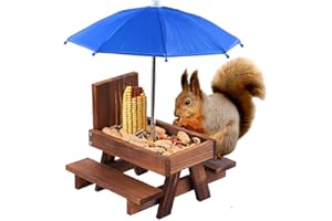 Squirrel Feeder with Umbrella, Wooden Squirrel Picnic Table Feeding Station, Durable Outdoor Chipmunk Feeder for Corn Cob, Pe