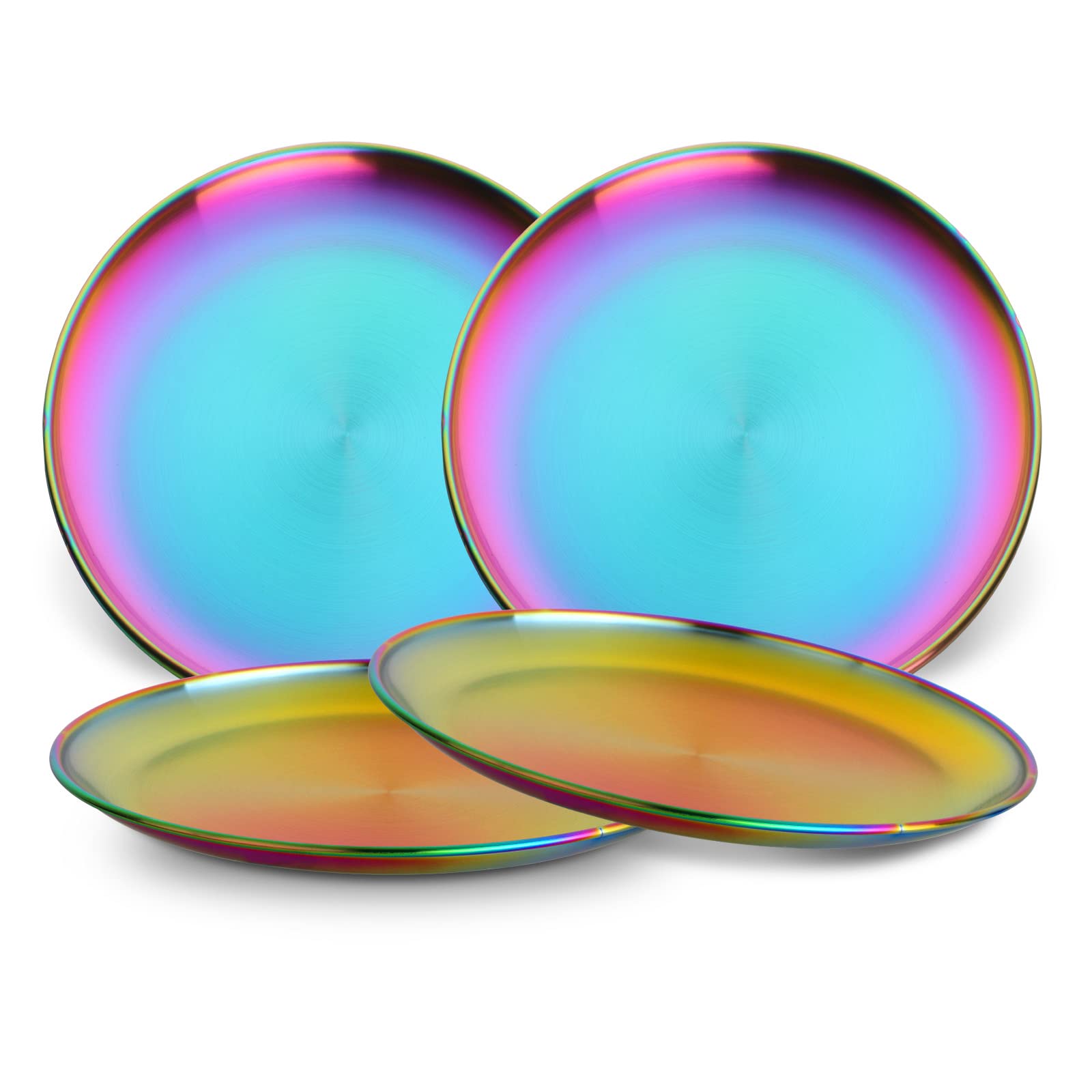 Buyer Star 4-Piece Stainless Steel Dinner Plates, Metal Dinner Dishes, Round Serving Platter, 9.1 Inch Feeding Serving Camping Plates, Unbreakable and Dishwasher Safe (Rainbow)