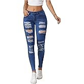 Floerns Women's Ripped Distressed High Waist Jeans Stretch Denim Pants