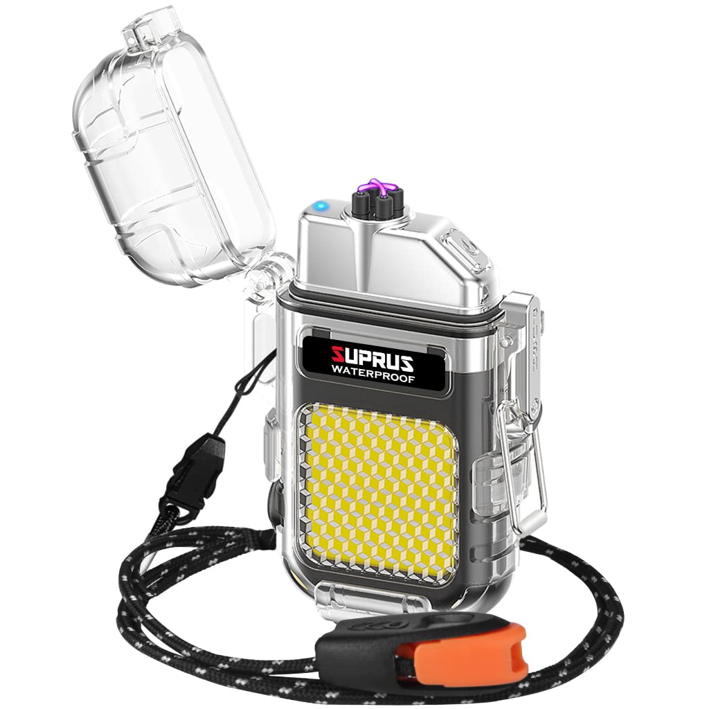SUPRUS Waterproof Windproof Lighter Dual Arc Plasma Electric Rechargeable Lighter with Survival Emergency Whistle and Lanyard Black