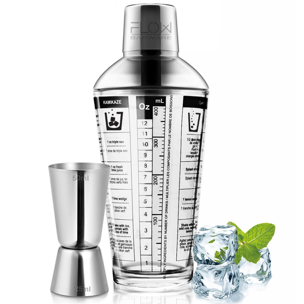 FLOW Barware Glass Cocktail Shaker with Recipes On Side | Glass Cocktail Making Set Includes Spirit Measure, Measuring Glass & Recipes Plus Strainer All in One Shaker Set