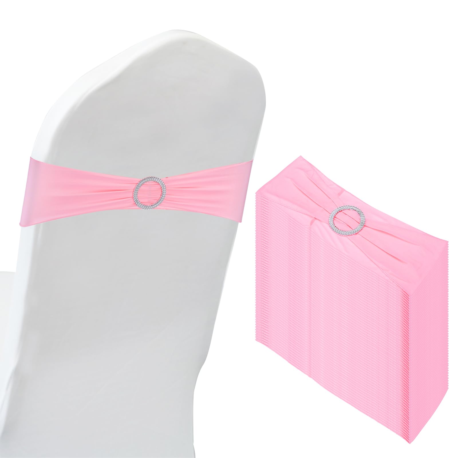 PATIKIL 14"x5" Stretch Chair Sashes Bows, 50 Pack Elastic Chair Bands Sashes with Buckle Slider for Wedding Banquet Decorations, Pink