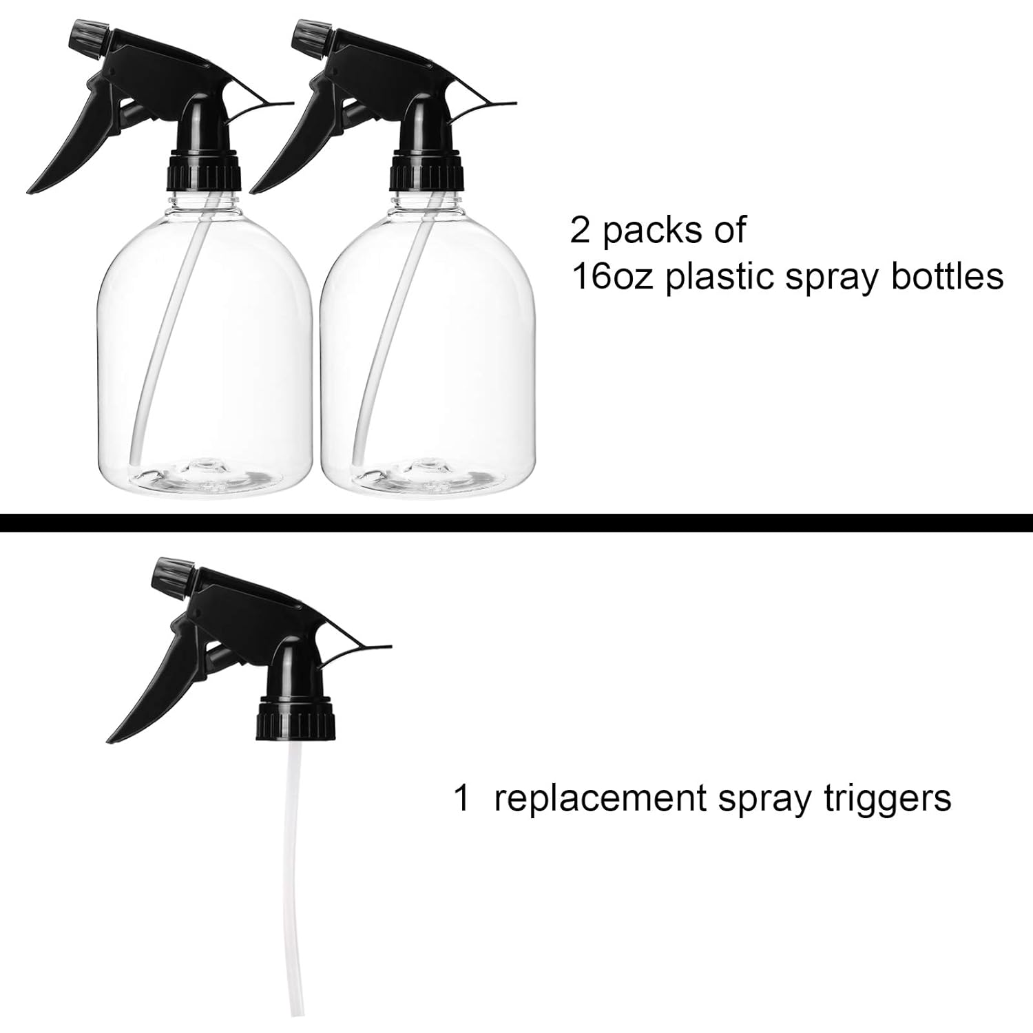 Plastic Spray Bottles 2pcs 16oz Empty Clear Spray Bottle with Black Trigger Sprayers and 1 Replacement Trigger, Adjustable Nozzle, for Cleaning Solutions, Planting, Cooking: Beauty
