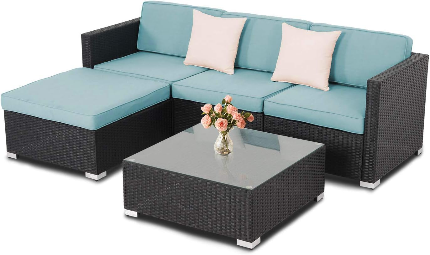 Incbruce 5 Piece Outdoor Patio Furniture Sets, Wicker Ratten Sectional Sofa with Blue Cushions and Beige Pillows,Black&Sky Blue