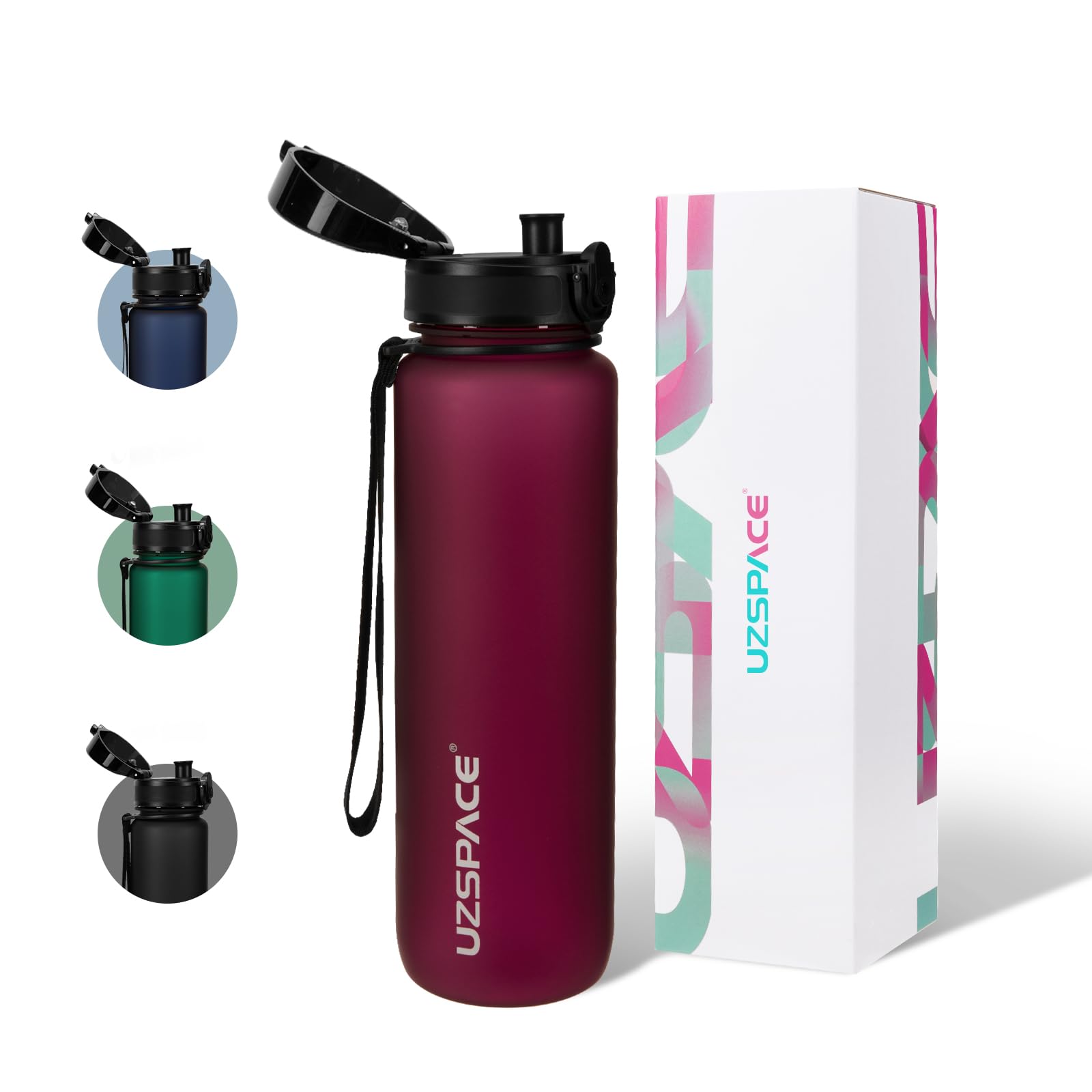 UZSPACE 1 Litre Water Bottle with Strainer - BPA Free Drinking Bottles for Adults - Sports Water Bottle with Capacity Scale - Daily Water Intake Bottle for School or Fitness & Outdoors Purplish Red