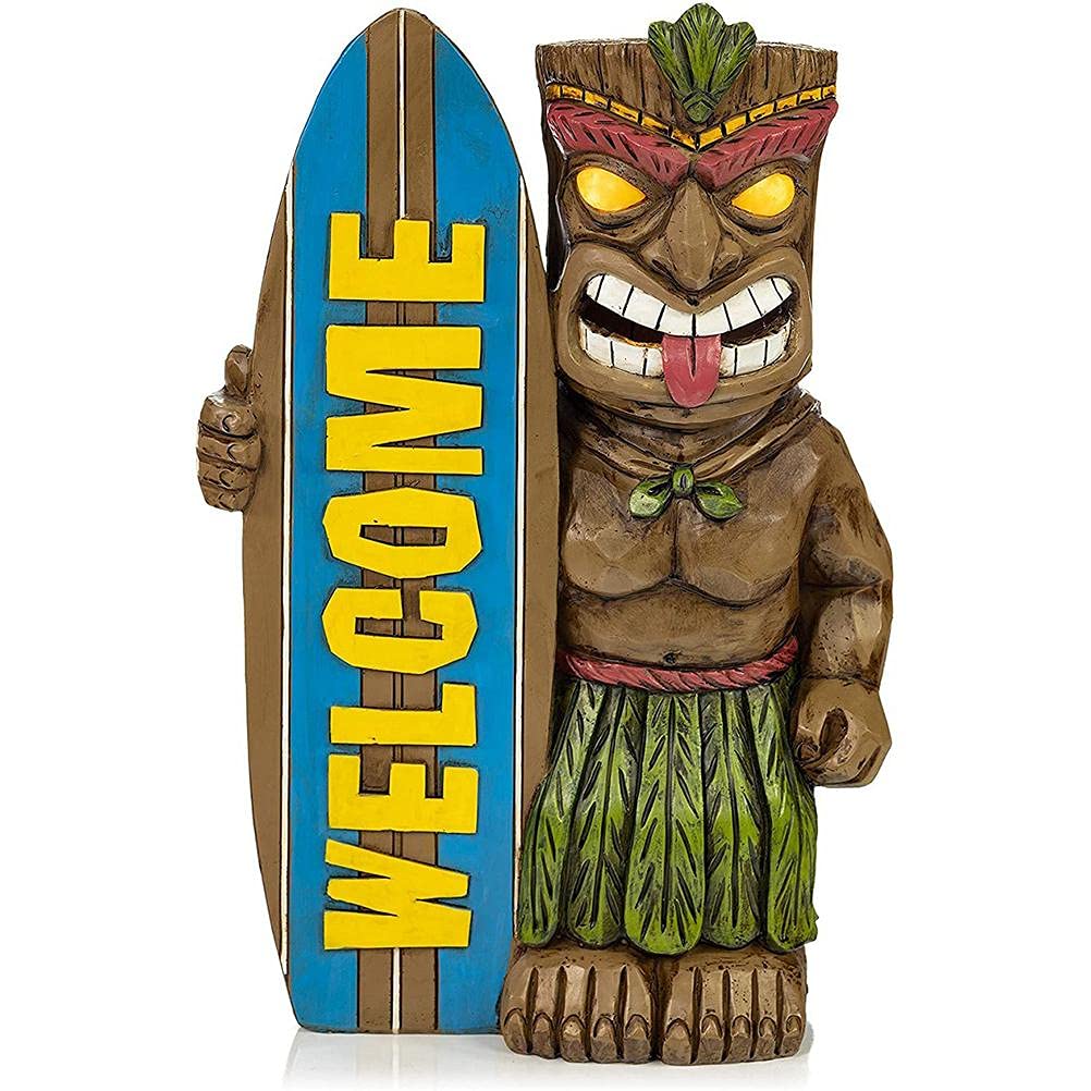 WINBST Tiki Statue, Solar Powered LED Garden Light with Welcome Surfboard Tropical for Outdoor Garden Decoration 5 × 10 × 15cm