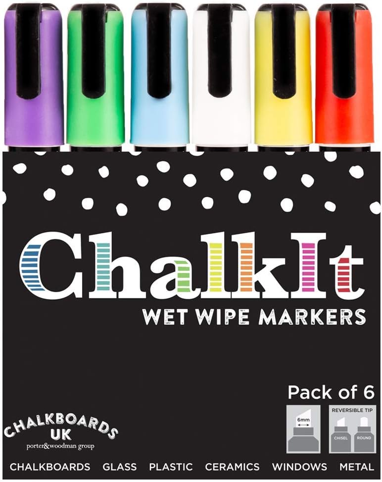 Wet Wipe Liquid Chalk Pens, Chalkboard markers, Blackboard pens (Assorted, Pack of 6, 6mm), Assorted Colours 6mm (Pack of 6)
