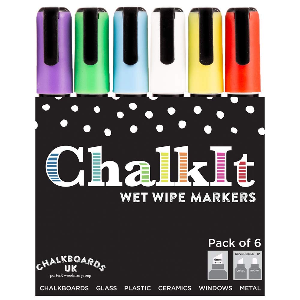 Wet Wipe Liquid Chalk Pens, Chalkboard markers, Blackboard pens (Assorted, Pack of 6, 6mm)