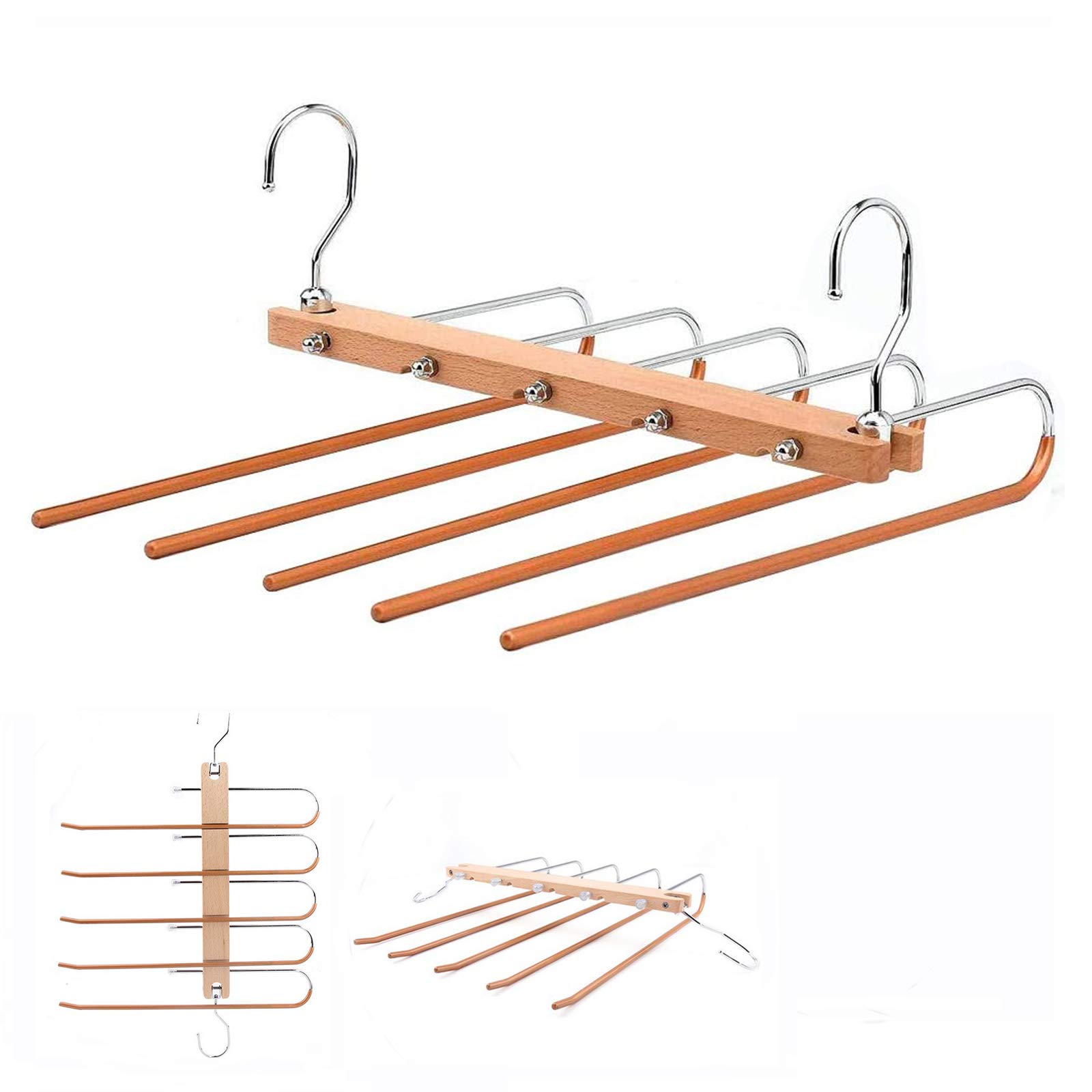 5 in 1 Wooden Pants Hanger, Multi-Layer Trouser Hangers Non Slip Foldable Jeans Rack, Multi-purpose Wooden Hangers with 360°Swivel Hooks, Closet Storage Organiser for Clothes Scarf Jeans Towels Ties