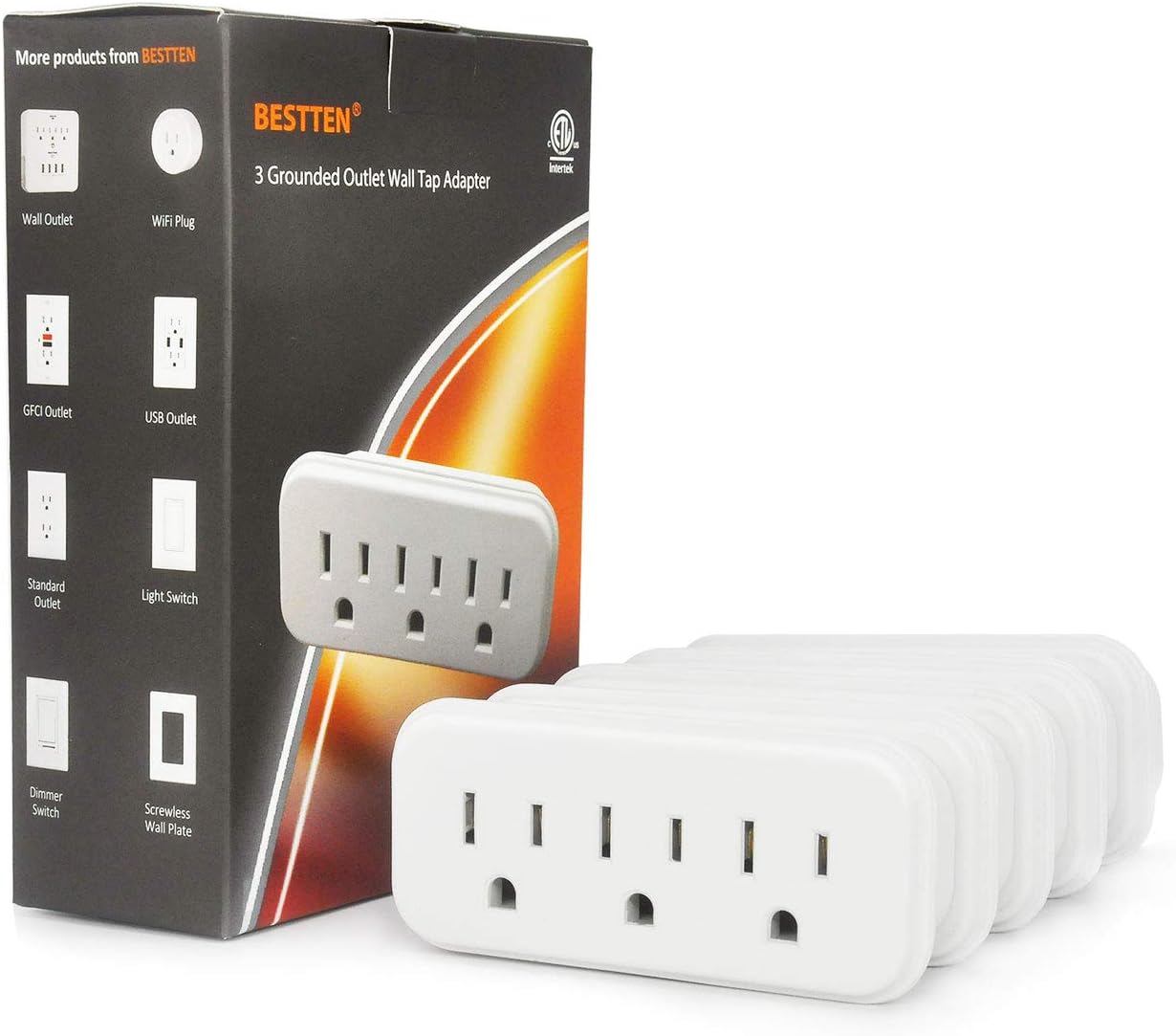 BESTTEN 3 Outlet Wall Adapter Extender, Mini Grounded Plug Splitter, 15A/125V/1875W, ETL Listed, White, 5 Pack