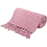 BATTILO HOME Chenille Throw Blanket for Couch, Soft Cozy Throw Blanket with Fringe Tassels, Lightweight Knitted Throw for Spring Summer, Pink, 50"x60"