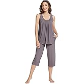 NACHILA Womens Pajamas-Viscose Made from Bamboo, Sleeveless Sleepwear Ribbed Tank Top Capri Pants Pajama Set Cool Pleated Pjs