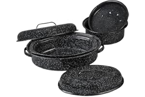 Granite Ware Roasting Set Covered 13 in and 15 in Oval roaster and 3 lb round roaster. Enameled Steel design to accomodate up
