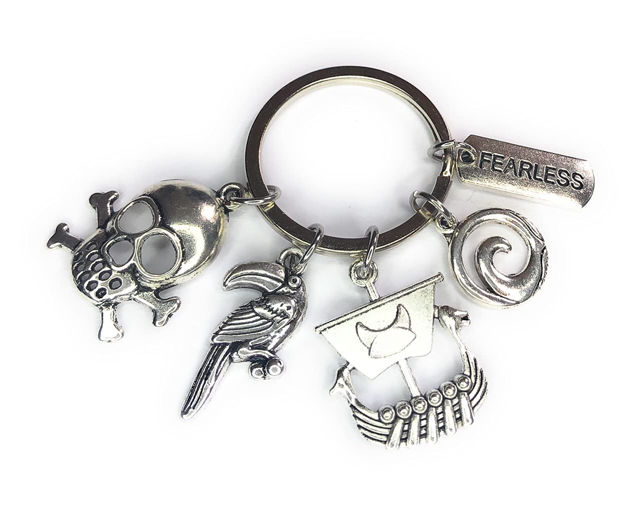 FizzyButton Gifts Pirate Keyring Key Ring with Ship, Skull and Crossbones, Bird, Waves and Fearless Charms